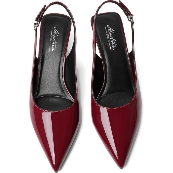 Women Burgundy Pointed Toe Pumps Patent Leather Slingback Heels With Buckle - Picture 8 of 9